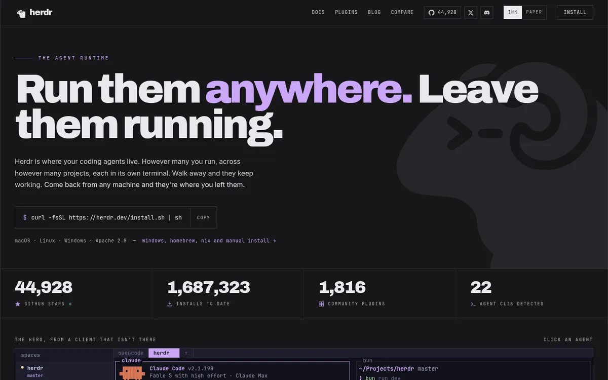 herdr.dev: Run them anywhere. Leave them running.